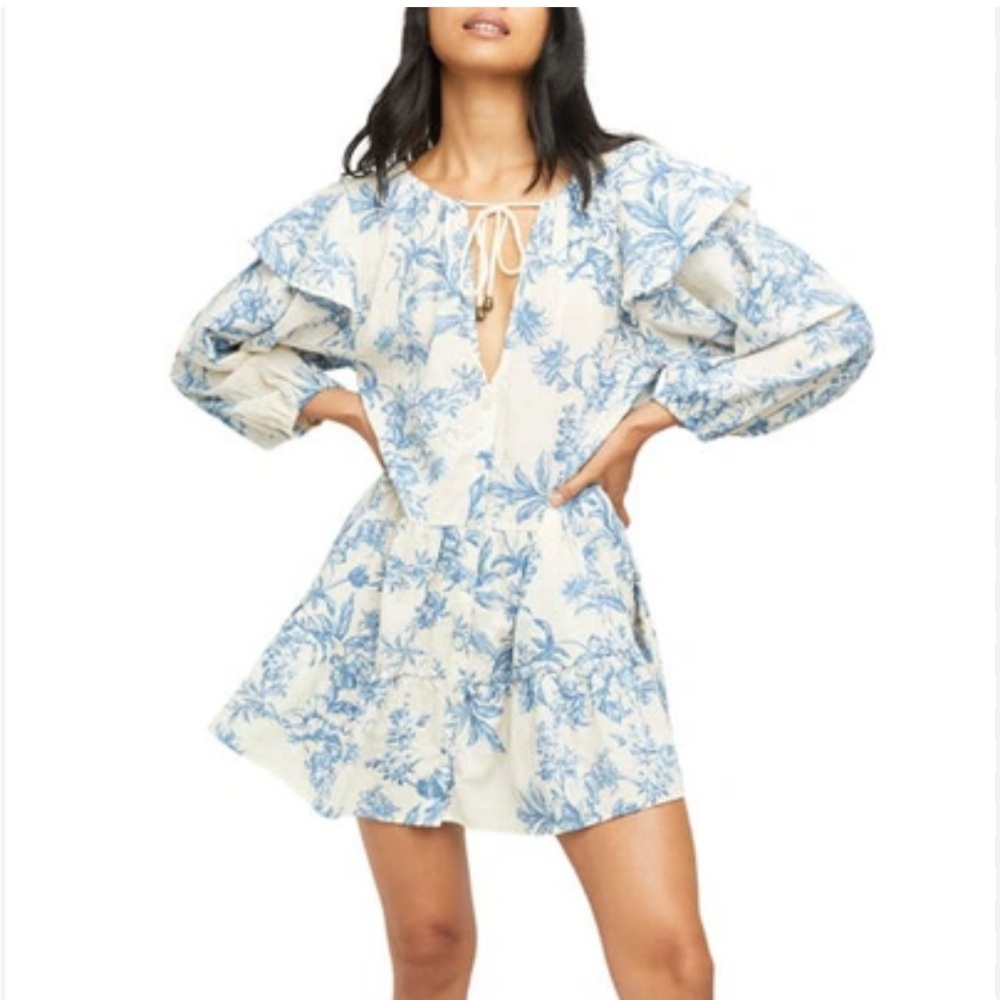 Free People Sunbaked Floral Long Sleeve Swing Minidress in Tea Combo EUC size S